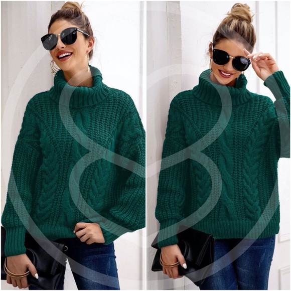 Sweaters - Green chunky knit turtleneck pullover sweater